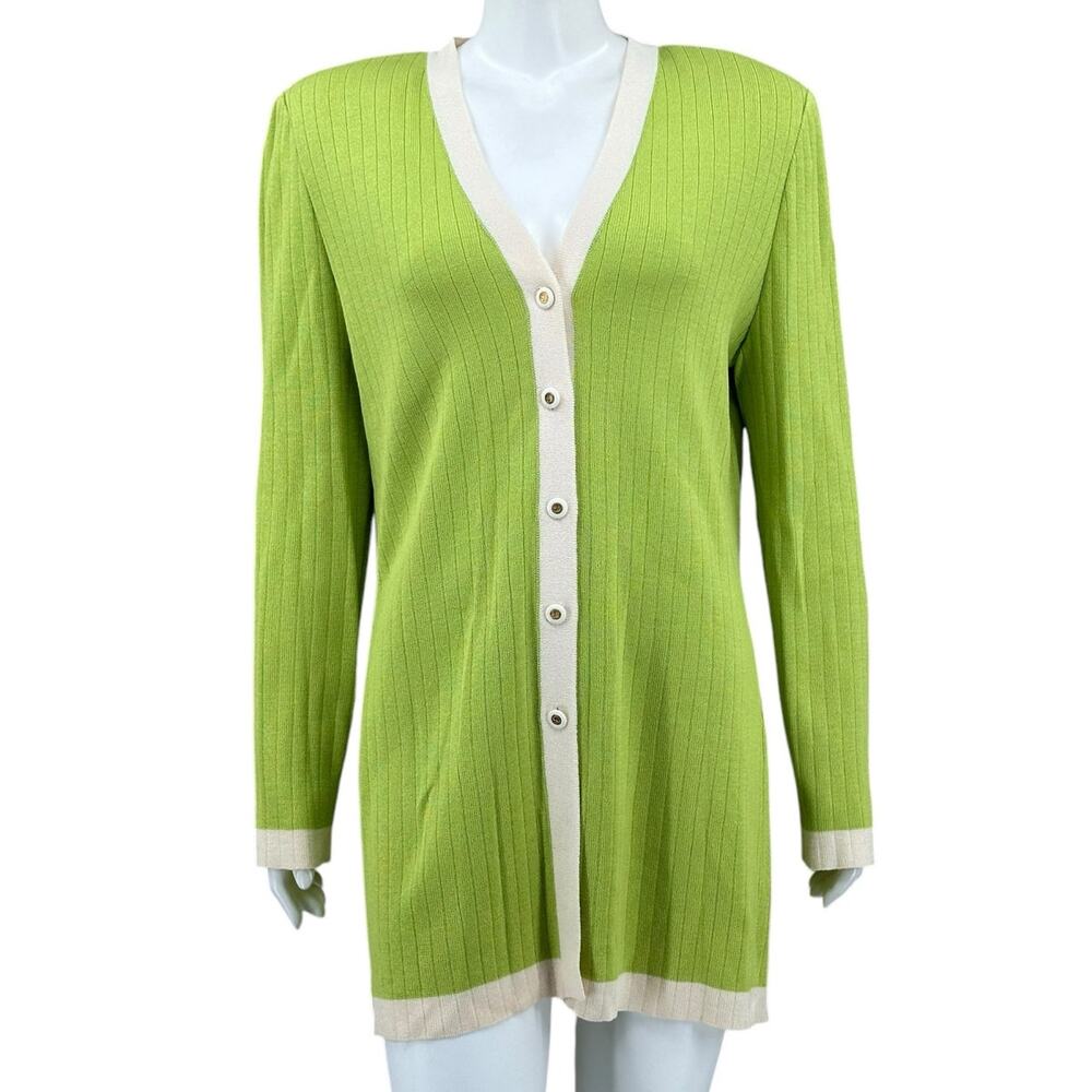 St John Collection Sweater Women 6 Green Cream Long Cardigan Quiet Luxury Mature